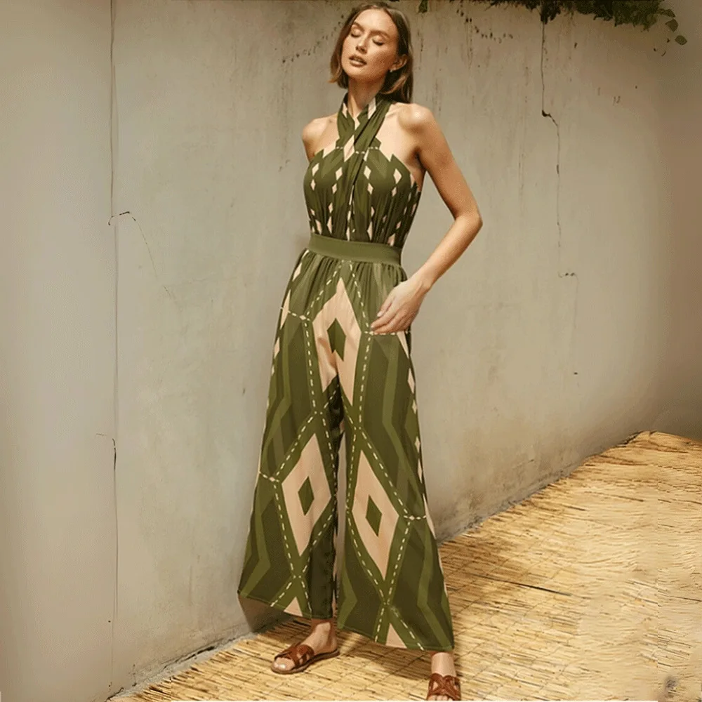 

Women's Neck-Halter Backless Geometric Print One-Piece Swimsuit Set New Swimwear