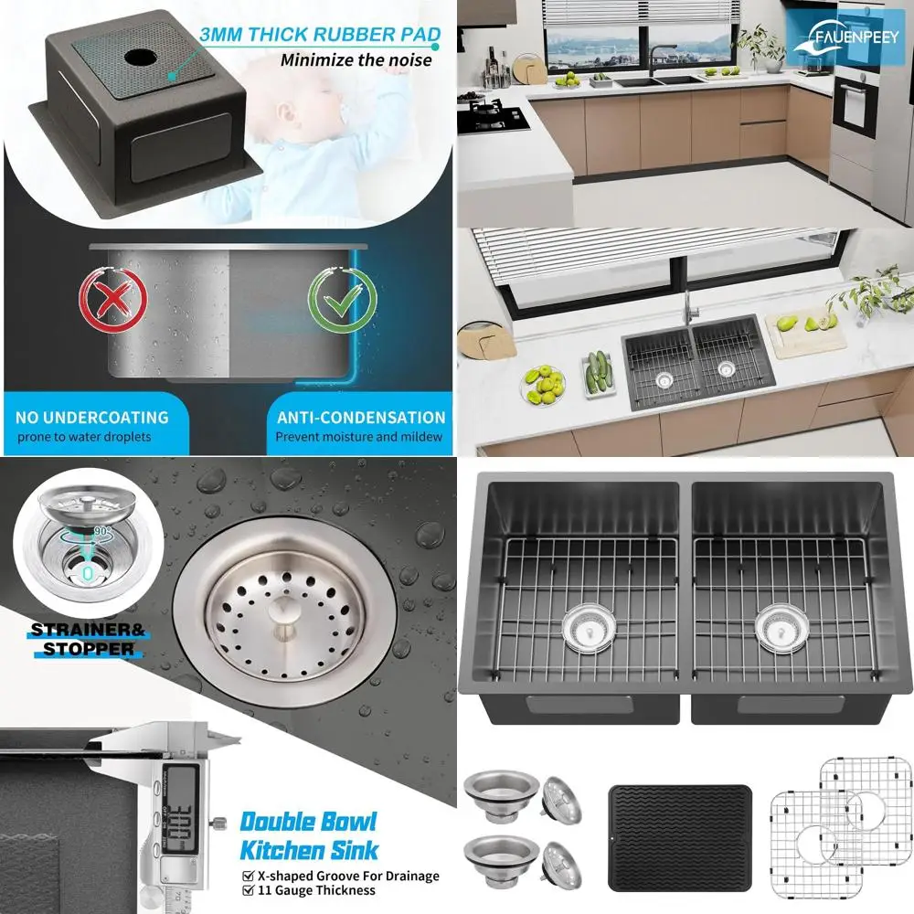 

Большая двойная кухонная мойка из нержавеющей стали 50/50, 33x19x8 дюймов, с силиконовым ковриком и монтажными клипсами