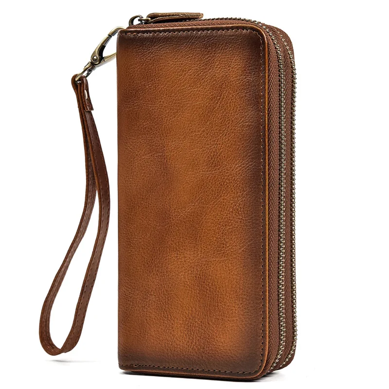 YETTIES Men's Crazy Horse Leather Long Wallet Genuine Leather Double Zipper Wallet Cowhide Clutch Retro Casual Clutch Bag