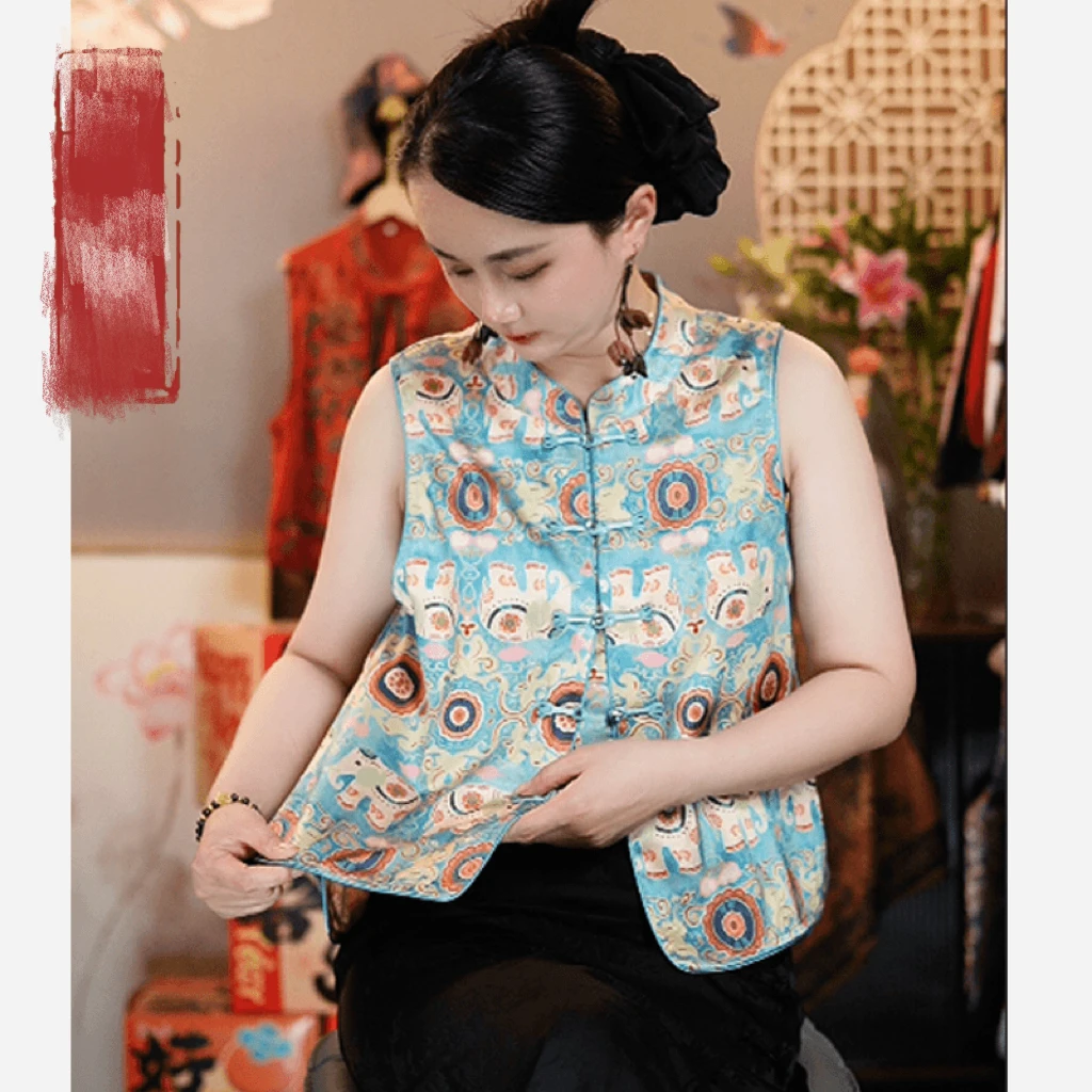 

New Chinese Sle round Ne Printed Vest Faionable Retro Artistic Slimming Top Commute Summer Single Button Fastening