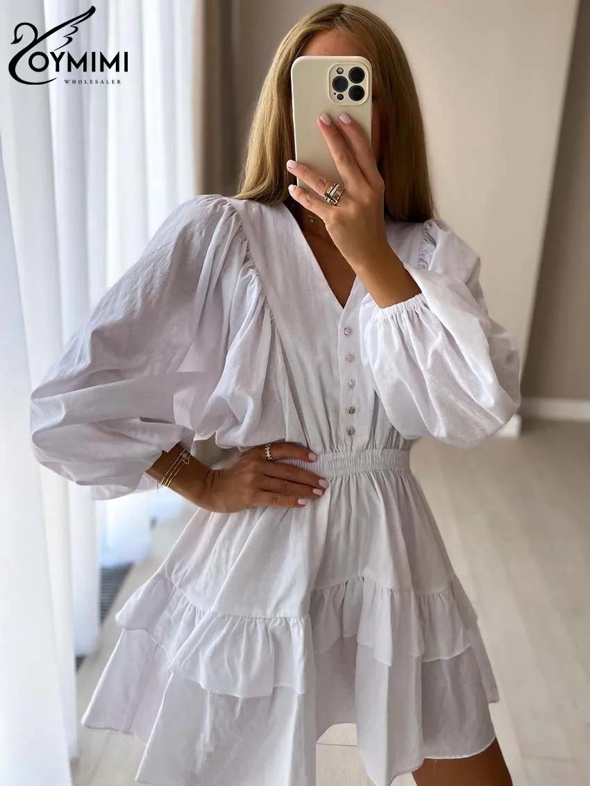 Oymimi Elegant White Cotton Womens Dresses Fashion V-Neck Button Lantern Sleeve Dresses Casual High Waist Pleated Mini Dress