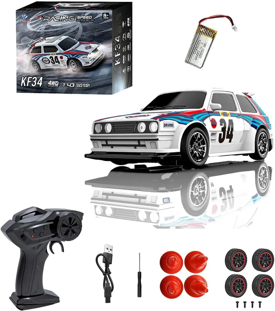 KF34 1:43 Scale RC Drift Car 4WD High-Speed Remote Control Car Mini Drift Racing Car with LED Lights Interchangeable Tires