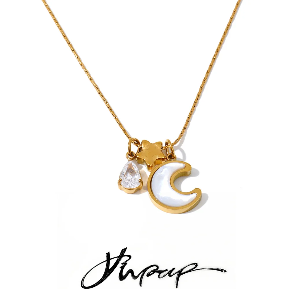 Yhpup Korean Style Stainless Steel Shell Zircon Moon Star Pendant Necklace Popular Exquisite Collar Jewelry Accessories