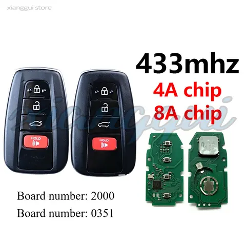 Board Number 2000 4A Chip 433mhz / 0351 8A Chip Smart Car Remote Key Fob for Toyota Camry Corolla RAV4
