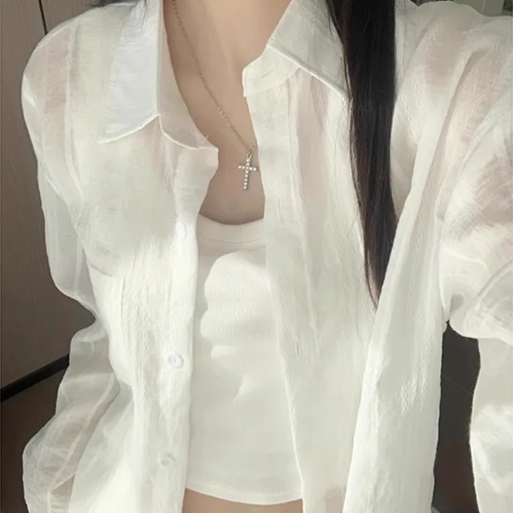 

Women's Summer New Sle Thin White Sun Protection irt Linen Cotton Linen Blouse Coat Medium Length Casual Loose Fit Long S...