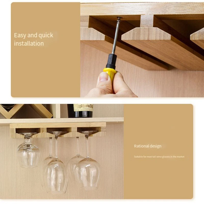 Bamboo Wine Glass Holder,Hanging Stemware Display Rack,Under Cabinet Mounted Wine Glass Drying Hanger Organizer Rack