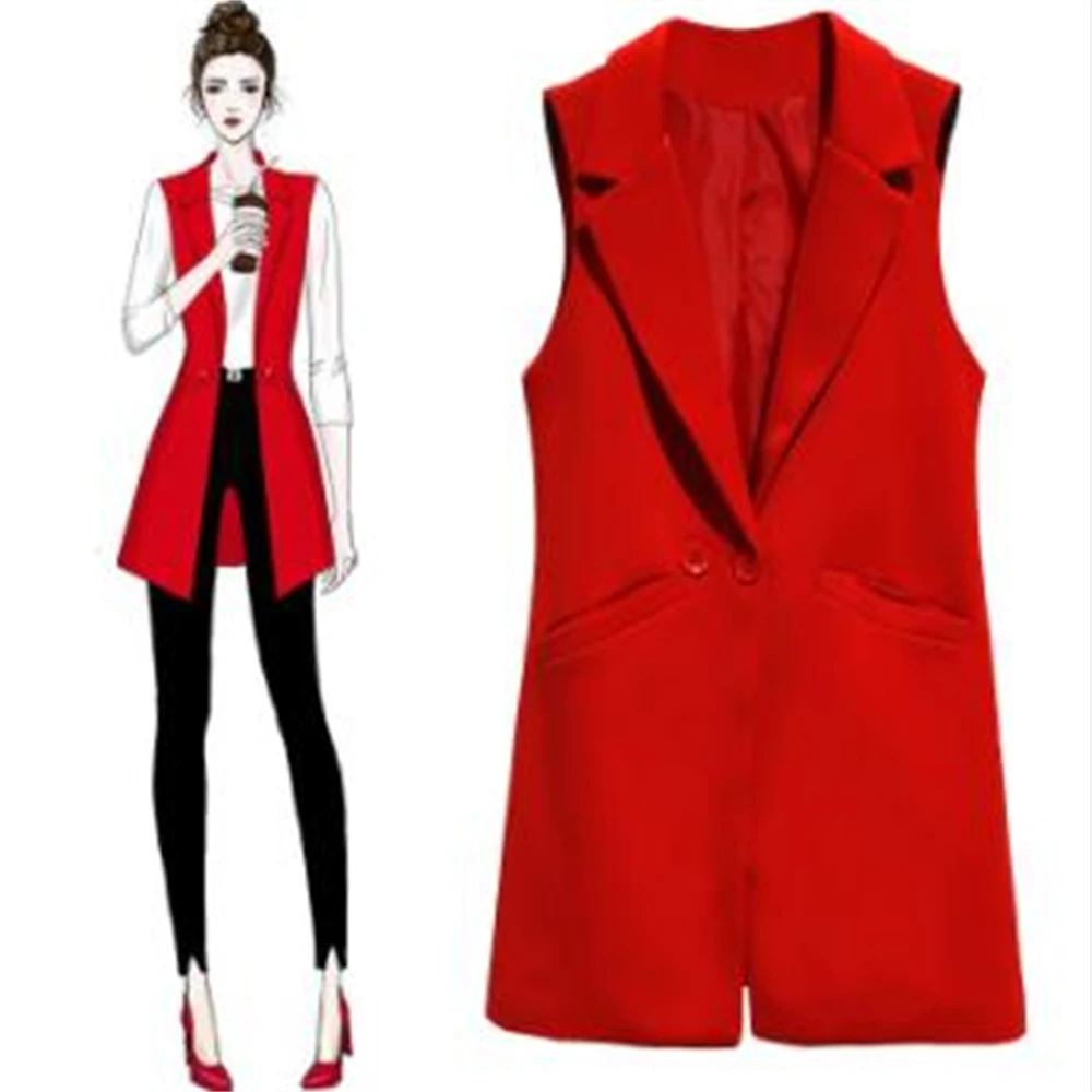 

New Blazer Casual Solid Vest Waistcoat Women Temperament Lapel Long Suit Waistcoat Female Jacket Coat Pockets OL Gilet Spring