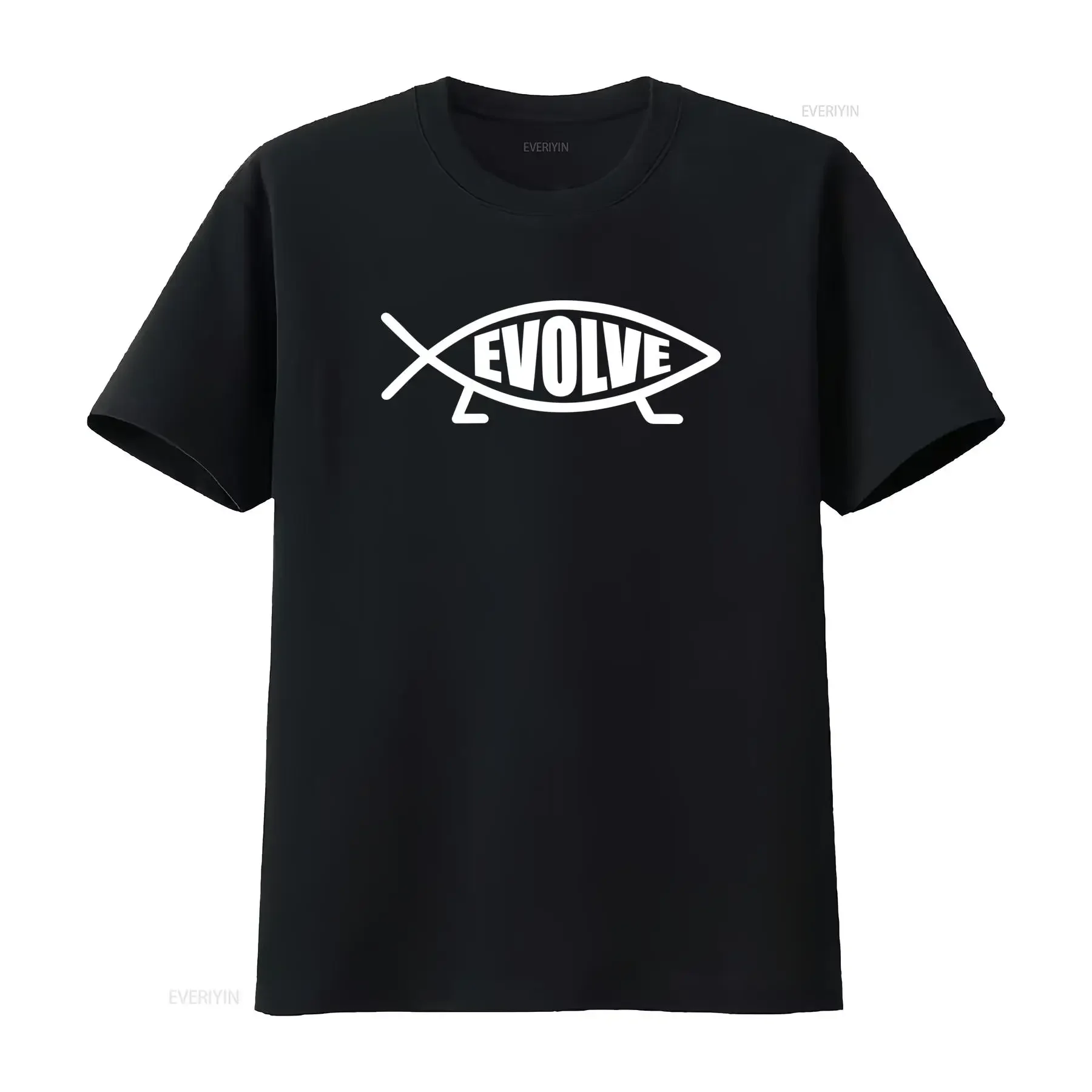 Camiseta Masculina Darwin Fish Evolve Logo Evolution de Algodão com Caimento Solto, Design Exclusivo para Entusiastas, Estilo Vintage Lavado, Casual Streetwear