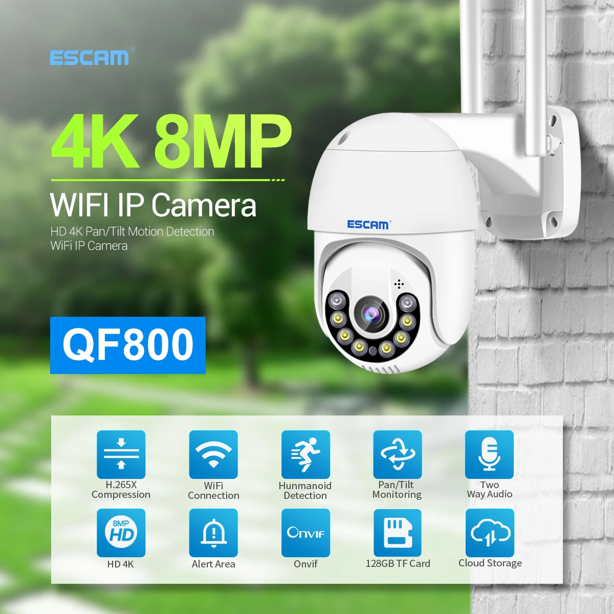 ESCAM QF800 ICSEE APP 8M 4K HD Full Color AI Humanoid Detection Wireless PTZ IP Dome Camera Onvif Rtsp Home Security CCTV Monito