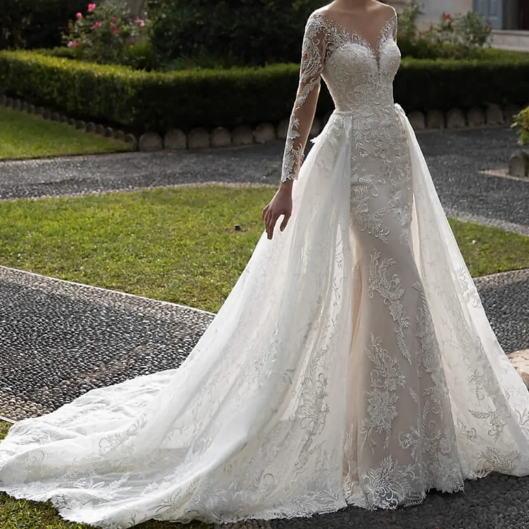 

Элегантное свадебное платье с длинным рукавом и съемным шлейфом, свадебное платье русалки по индивидуальному заказу