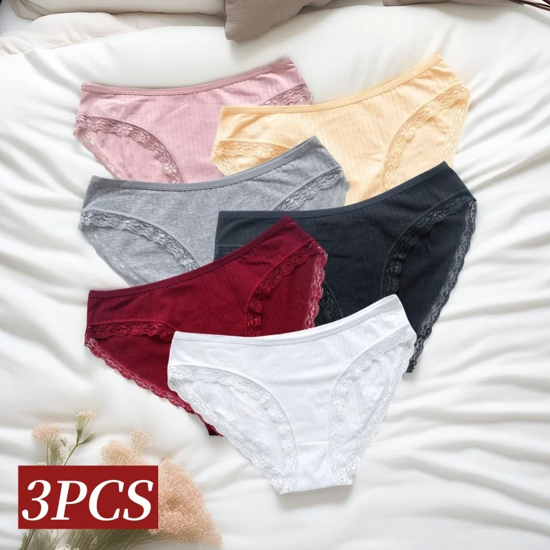 3Pcs/Set Cotton Panties Women Briefs Female Underpants Solid Color Panties Underwear With Lace Edging Sexy Lingerie Intimates