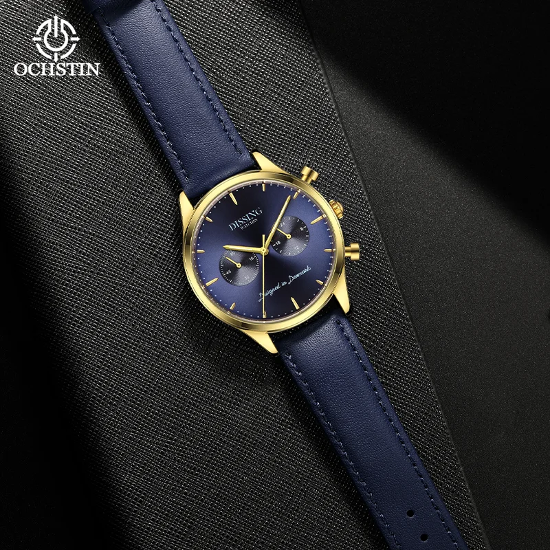 OCHSTIN Casual Male Quartz Timepiece Practical Multi‑function Movement Comfort Genuine Leather Strap Waterproof Wristwatch