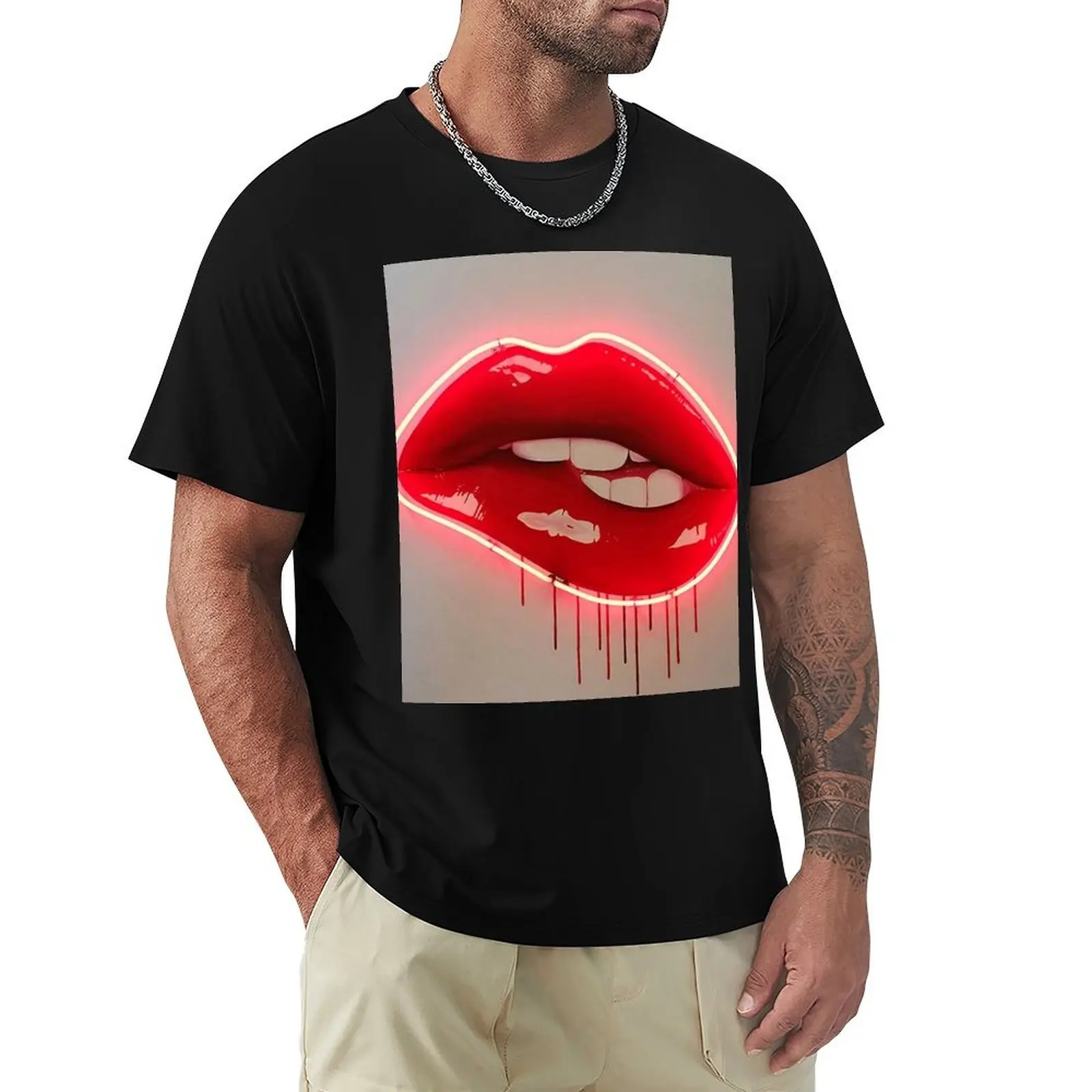 Neon Lip Biting Tapestry T-Shirt Summer Casual Loose T-Shirt