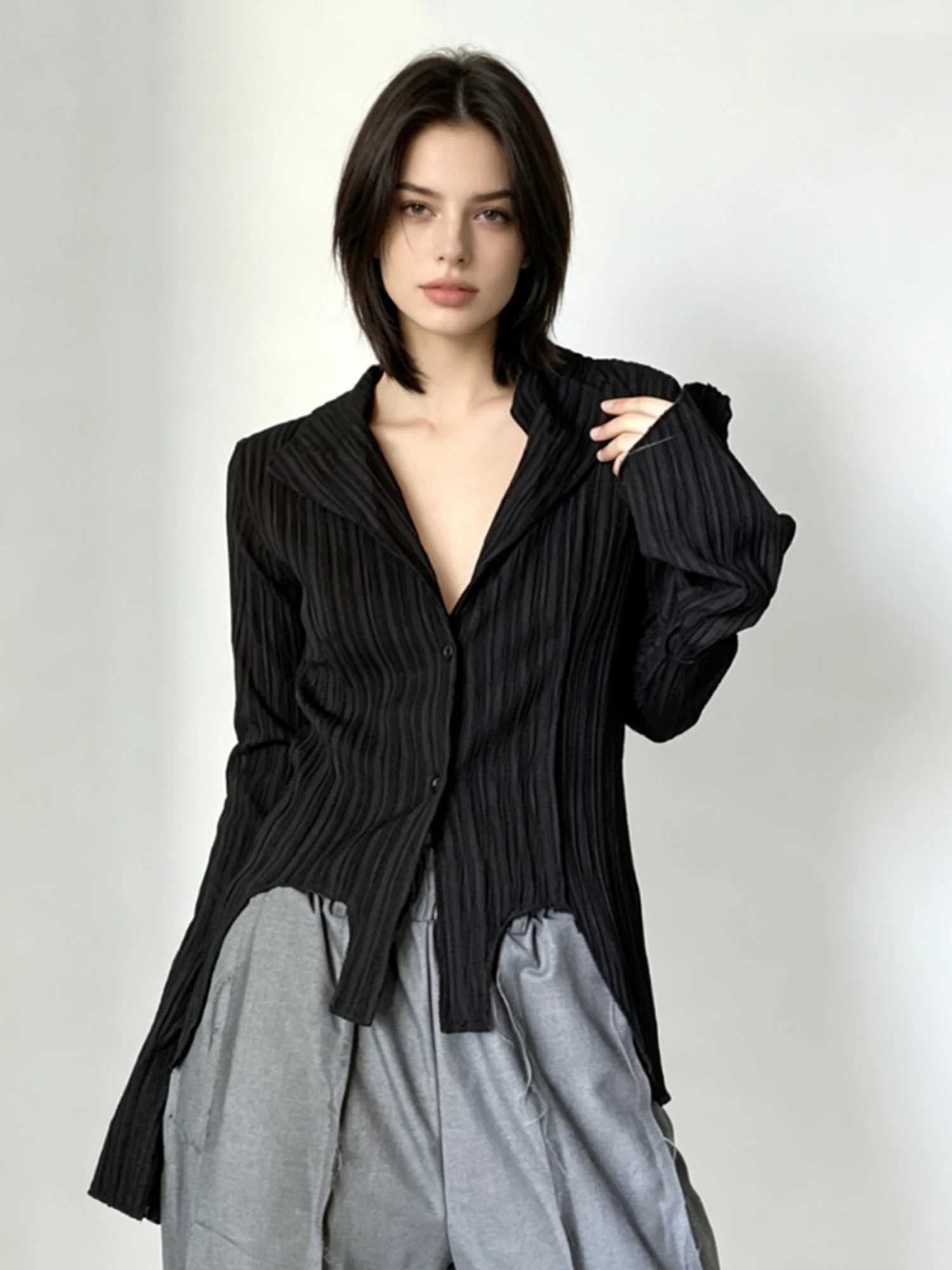 

Women Black Striped Y2k Gyaru Lapel Shirt Irregular Long Sleeve Blouse Vintage Casual Loose Blouses and Shirts for Women Summer