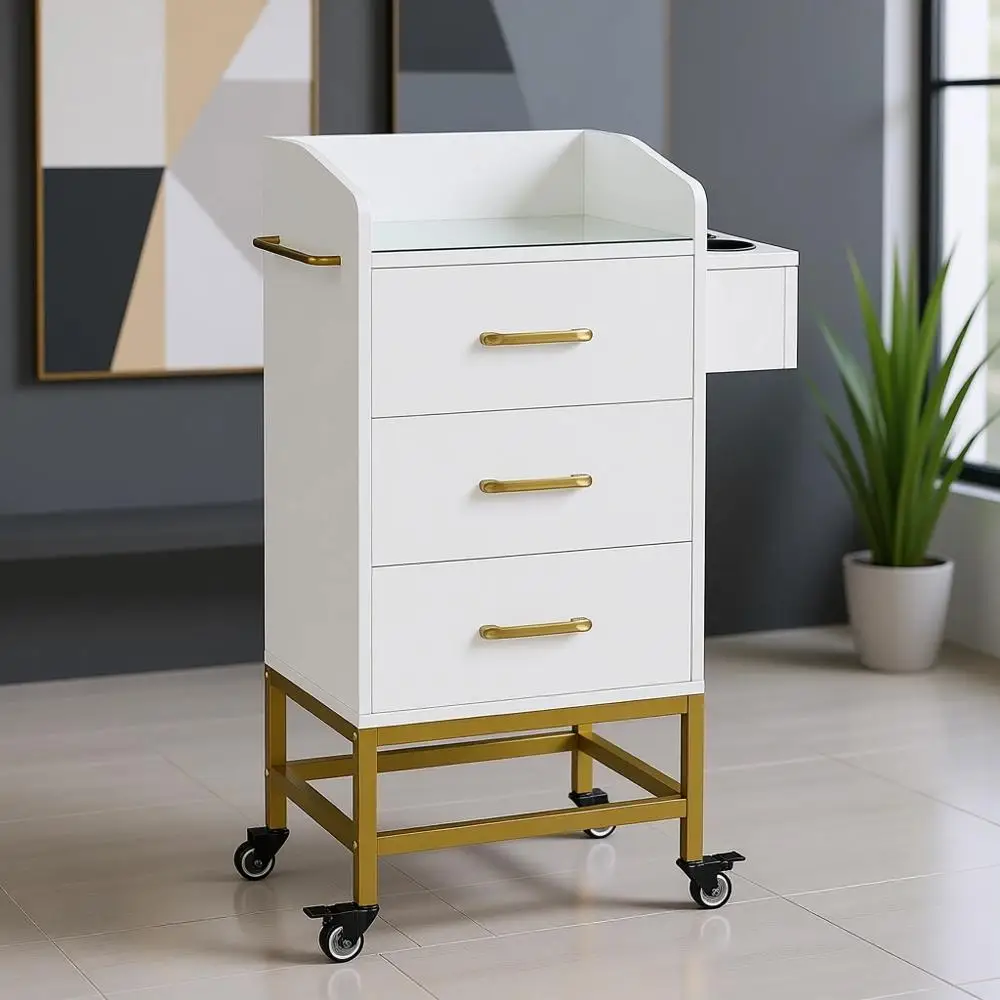 

Glass Top Hair Station Trolley with Dryer Holder and Lockable Wheels - White