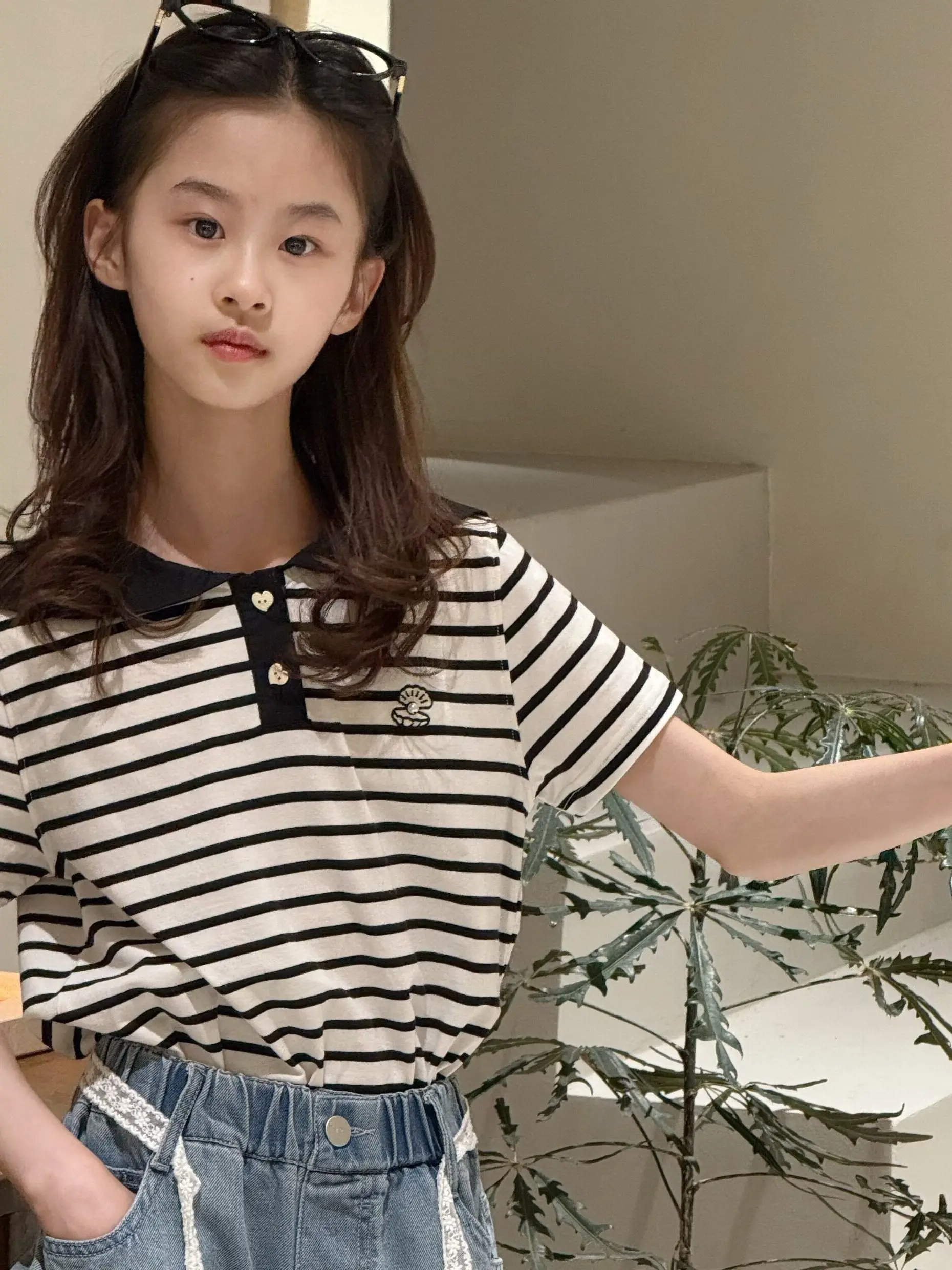 Camiseta infantil borabora listrada de manga curta, gola naval, roupa casual de verão para crianças, respirável, confortável, estilo coreano