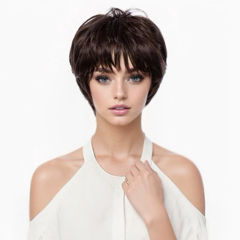 Women Short Pixie Cut Wig With Bang Brown Synthetic Heat Resistant Hair Wig Halloween Christmas Party Cosplay Costume Daily Wear