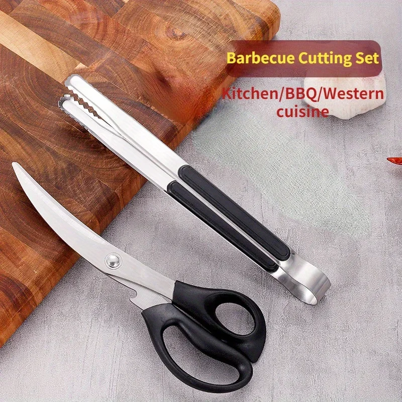 2pcs /set BBQ Scissors Clip Set Chicken Cutlet Scissors BBQ Clip Food Clip Kitchen Tool Set#Color:black