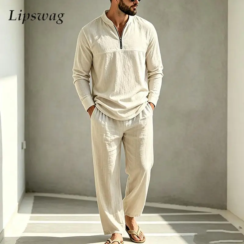 2026-fall-linen-sets-mens-fashionable-solid-color-stand-collar-long-sleeve-and-pants-two-piece-suits-vintage-loose-outfits-men