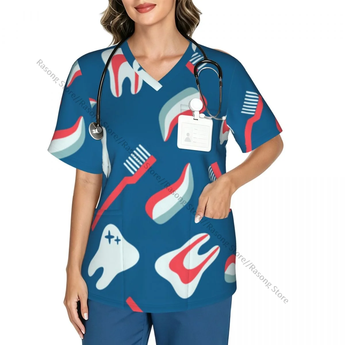 Women Scrubs Blouse Medical Nurse V-neck Clinical Scrubs Top Dental Teeth Toothbrush And Toothpaste Operating Room Work T-shirt