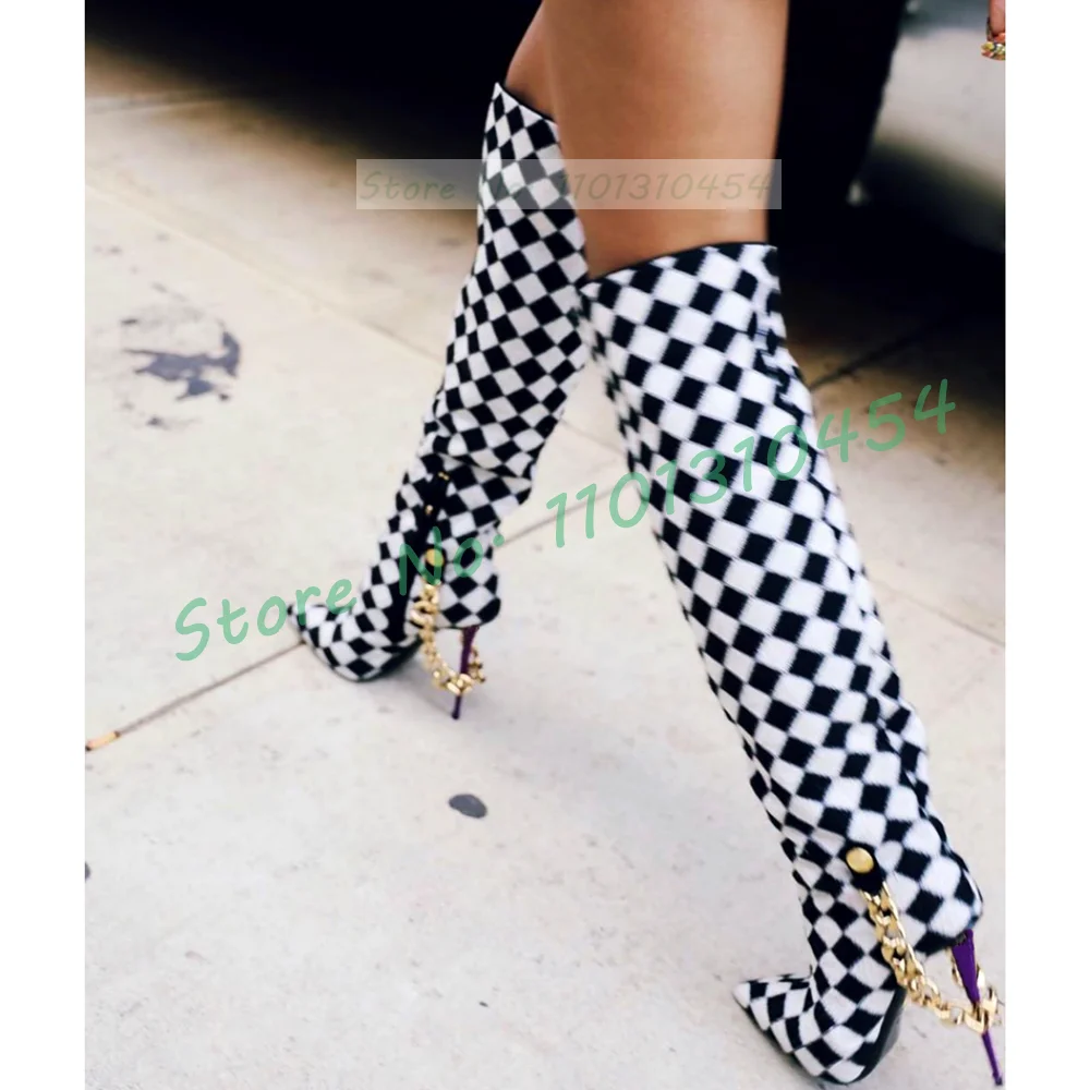 Black-white Checkered Knee-high Boots Women Stylish Gold Chain Decor Purple High Heels Boots Pointy Toe Side Zipper Winter Shoes