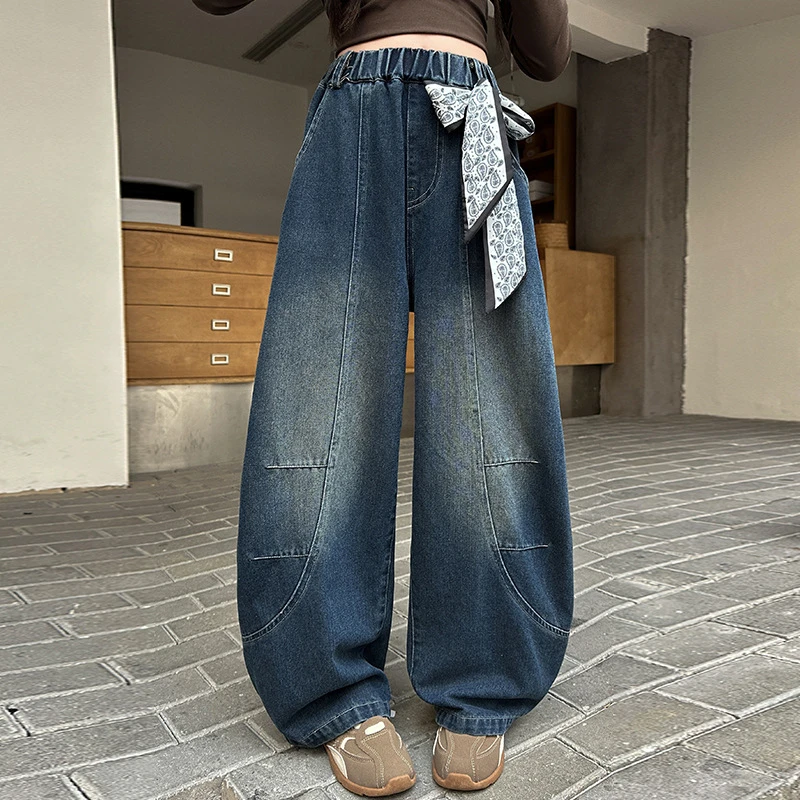 Spring Autumn Girls Curved Jeans with Ribbon Loose Pants For 5-14 Years Teen Girls Stylish Denim Wide Leg Pants