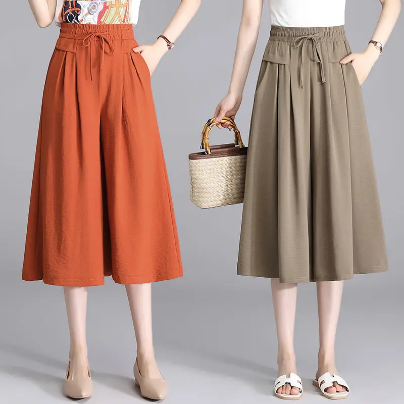 Ladies Fashion Simplicity Elastic Waist Wide Leg Pants Summer All-match Loose Solid Color High Waist Calf-Length Pants Women