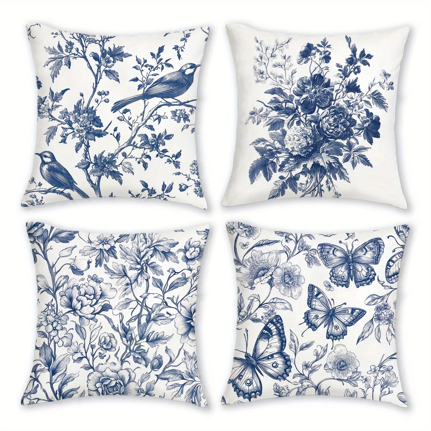 4pcs Boho Botanical Print Throw Pillow Covers, 18x18 Inch, Blue & White Floral & Butterfly Design, Soft Short Plush Polyester, Z
