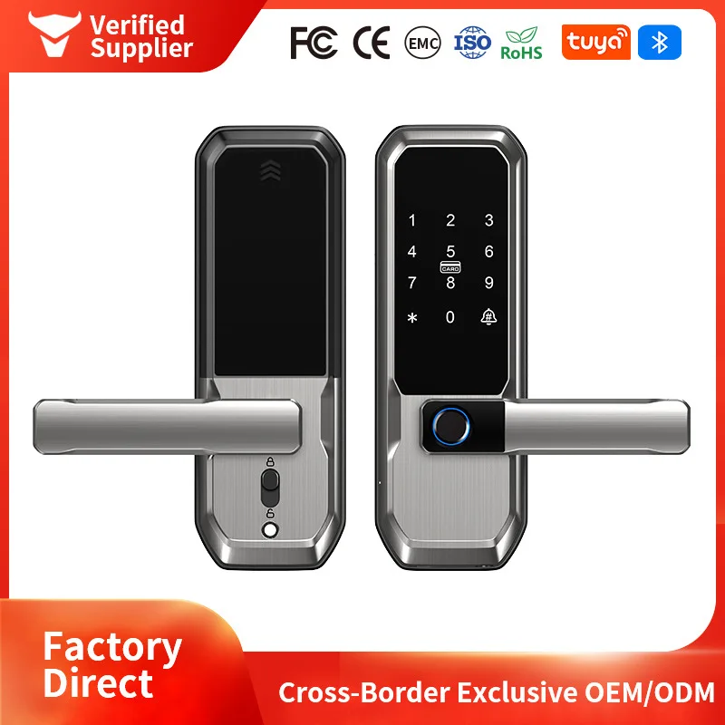 

Умный замок с отпечатками пальцев, карта с паролем, электронный замок Tuya APP Control из алюминиевого сплава, черный/никель/серый умный замок