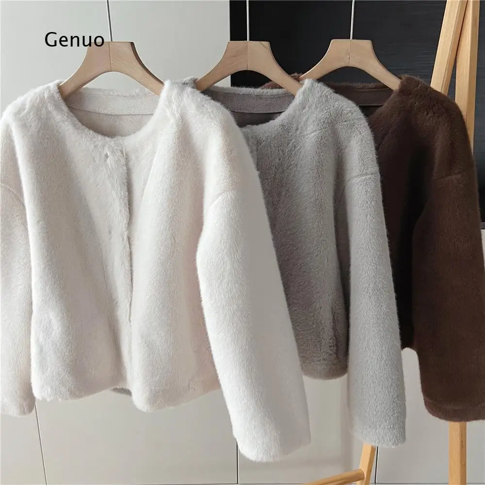 Women Beige Faux Mink Fur Coat Short Round Neck Winter Warm Overcoat Thick Fluffy Outerwear for Daily Casual Streetwear Wear