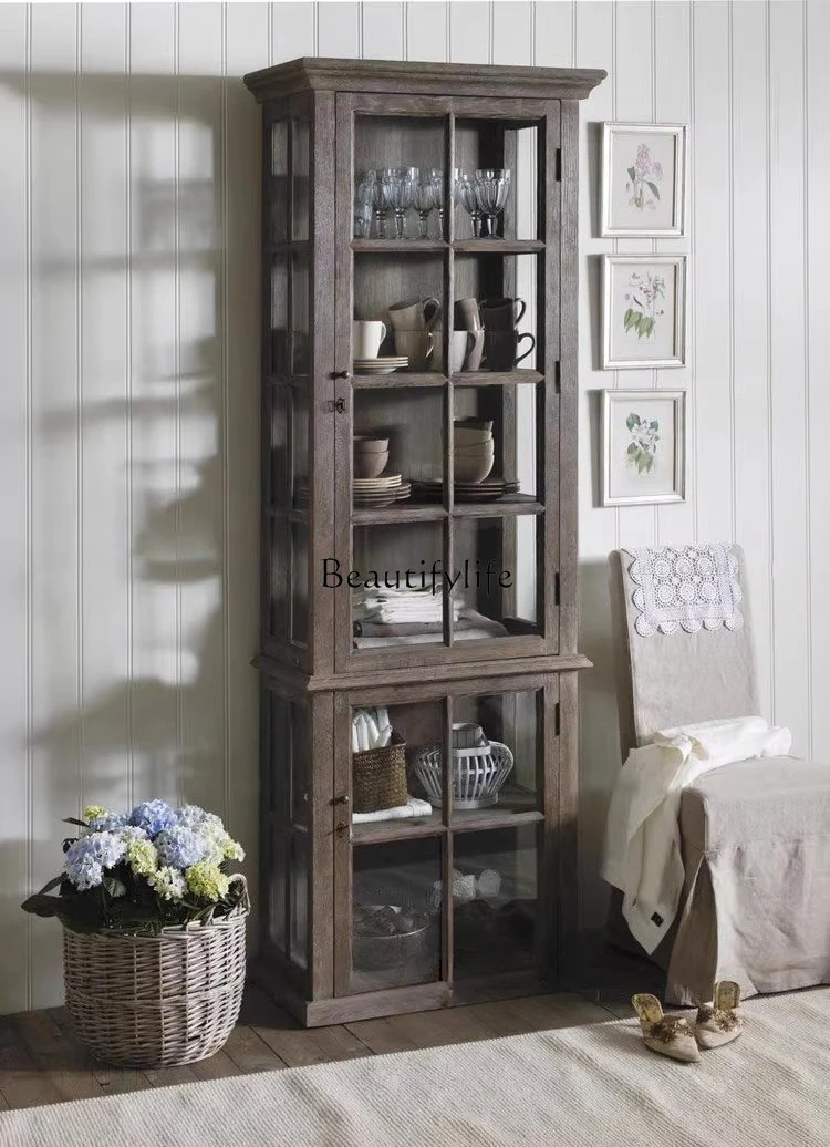 

American rural solid wood oak dining side cabinet French retro old bookshelf display cabinet