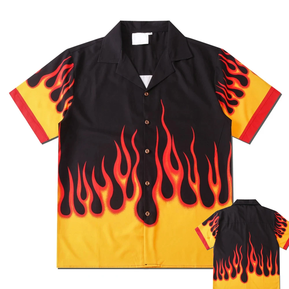 Dark Icon Flame Printed Men's Shirts Button Down Vintage Summer Street Shirts for Man Holiday Beach Shirts Hip Hop Man Clothing