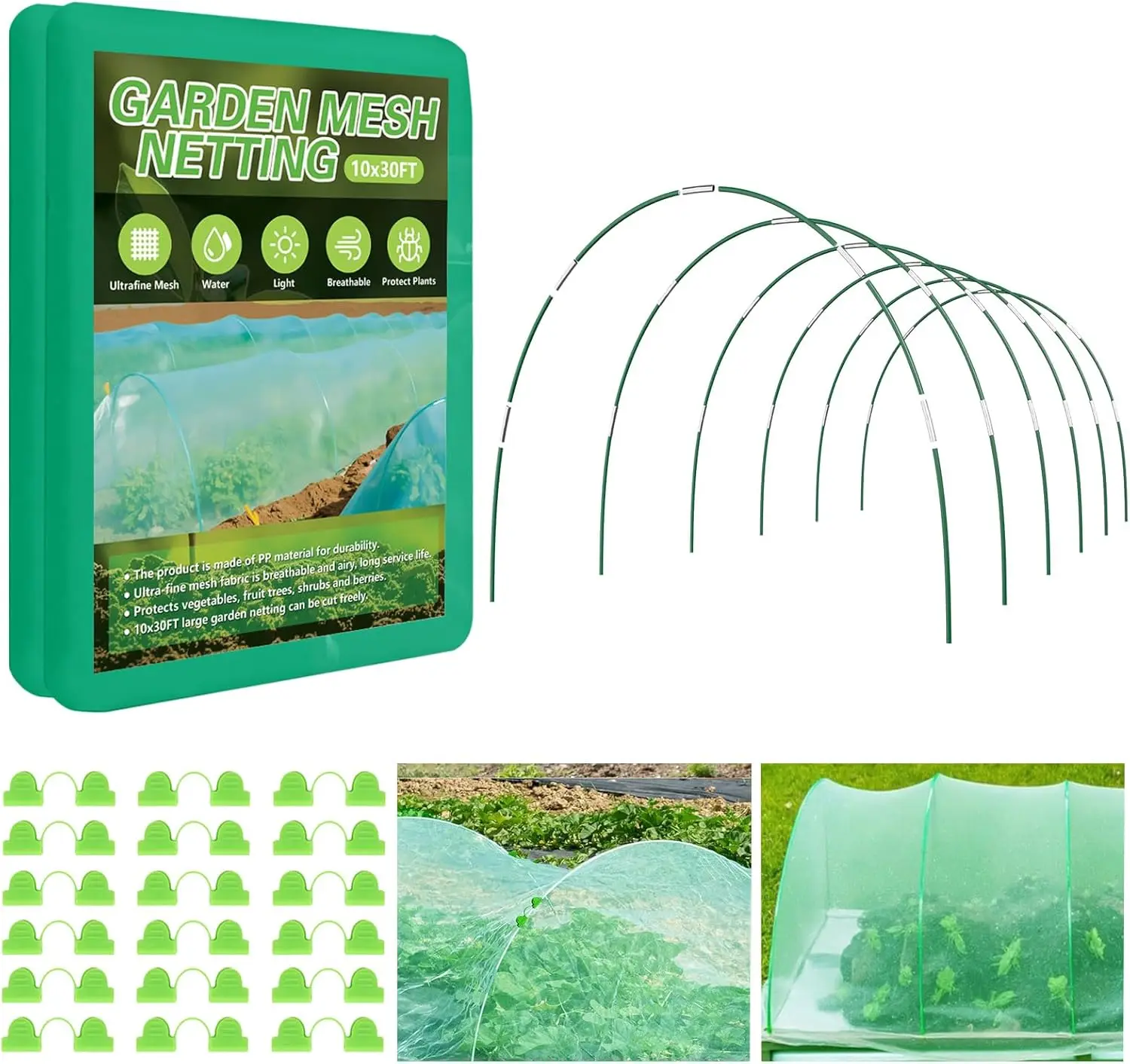 

Комплект ультратонкой садовой сетки 10x30 футов с 6 комплектами стекловолоконных каркасов длиной 8 футов для приподнятых грядок, защита растений