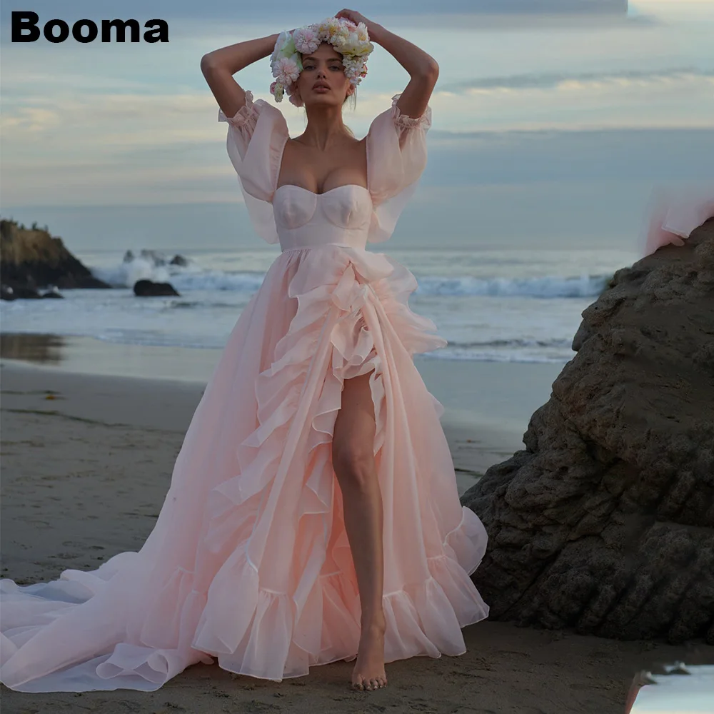 Booma Baby Pink Organza Selkie Princess Prom Dresses Short Puff Sleeves Ruffles High Slit A-Line Prom Gowns Formal Party Dresses