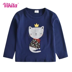 VIKITA Girls Cat Cartoon Print T Shirts Kids Navy O Neck Autumn Spring Cotton Casual Daily Long Sleeve Tops Tees Kids Clothing