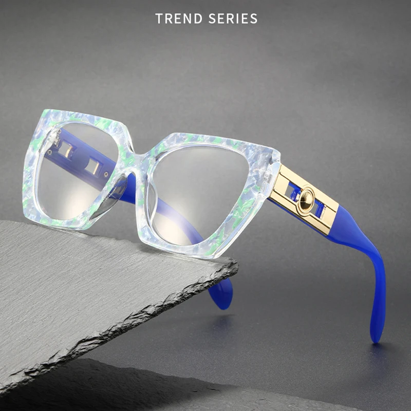 New Fashion Women Floral Patchwork Square Anti Blue Light Myopia Glasses Ladies Girl Shortsighted Spectacles Custom Prescription