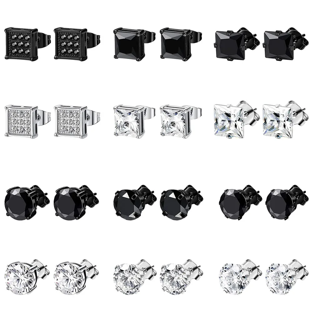 1 Pair/12 Pairs Hypoallergenic Stainless Steel Inlaid Cubic Zirconia Round Square Stud Earrings Set for Women Men Silver Black