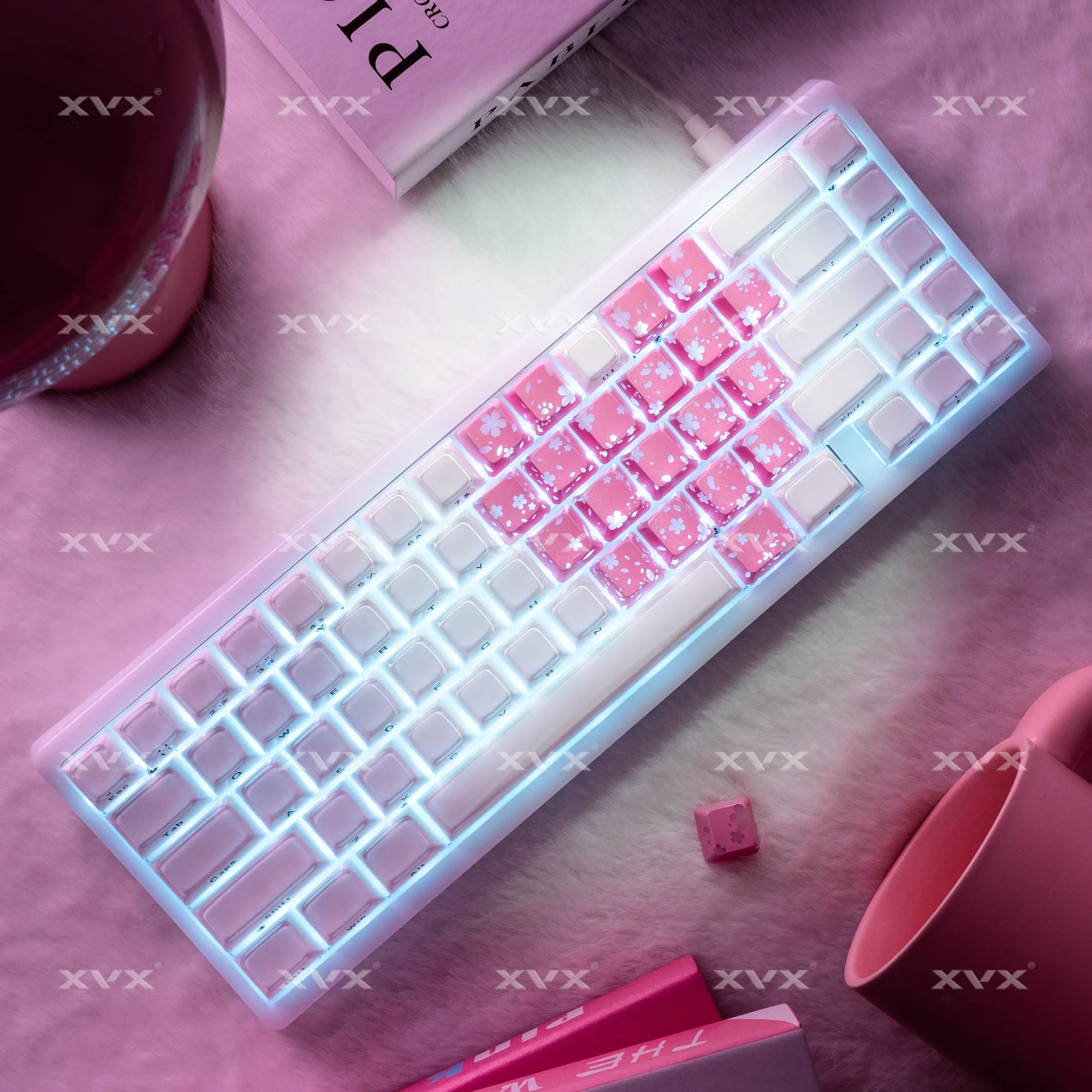 

XVX 21 Keys Heart-Shaped Keycaps IMD-Pattern Shine Through Pink Butterfly OEM Profile DIY Mechanical Keyboard Accessories