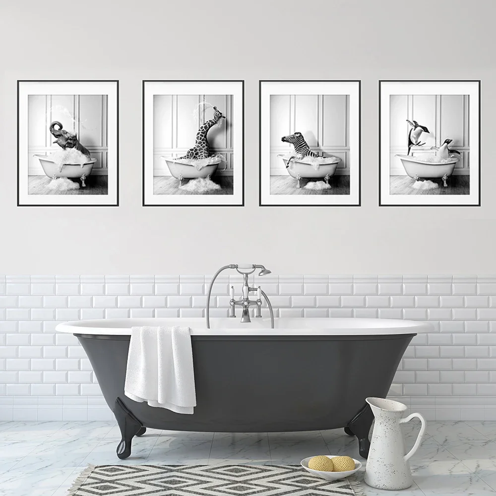 Wild Animal Bathtub Black White Art Prints Panda Whale Dolphin Bear Dog Canvas Poster Nordic Wall Pictures Bathroom Toilet Decor