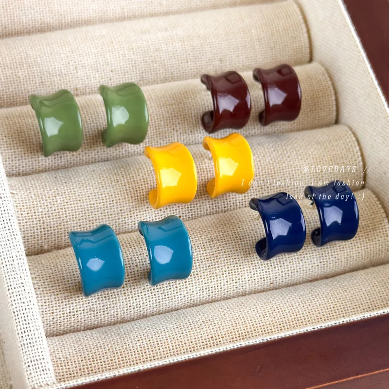 Earrings C Shaped Wide Band Glazed Enamel Half Hoop Stud Women Colorful Minimalist Daily Commute Fresh Lightweight Alloy