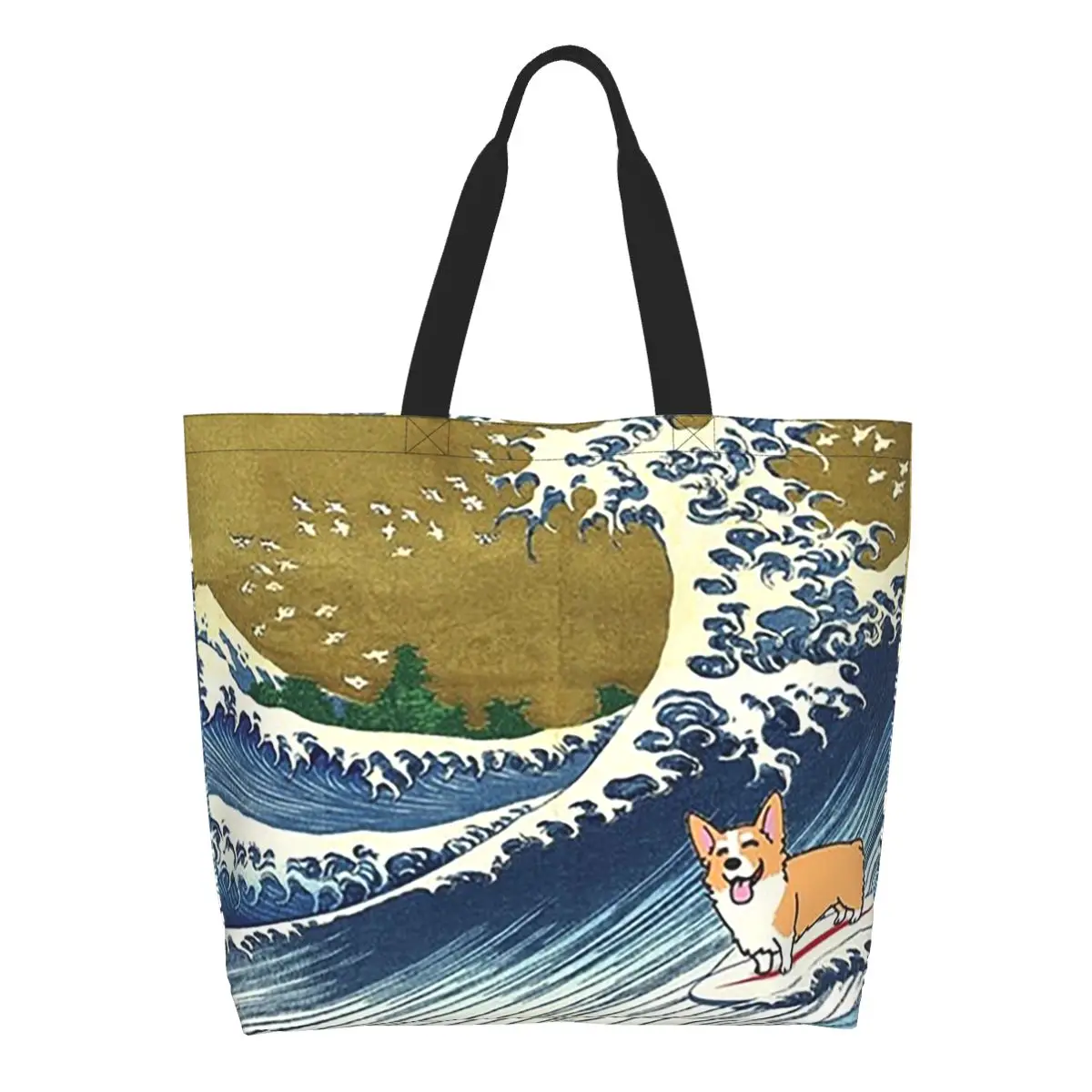 Corgi Dog Surfing The Great Wave Shopping Tote Bag Canvas Large Capacity Shoulder Bags Shopper Grocery Handbag for Women
