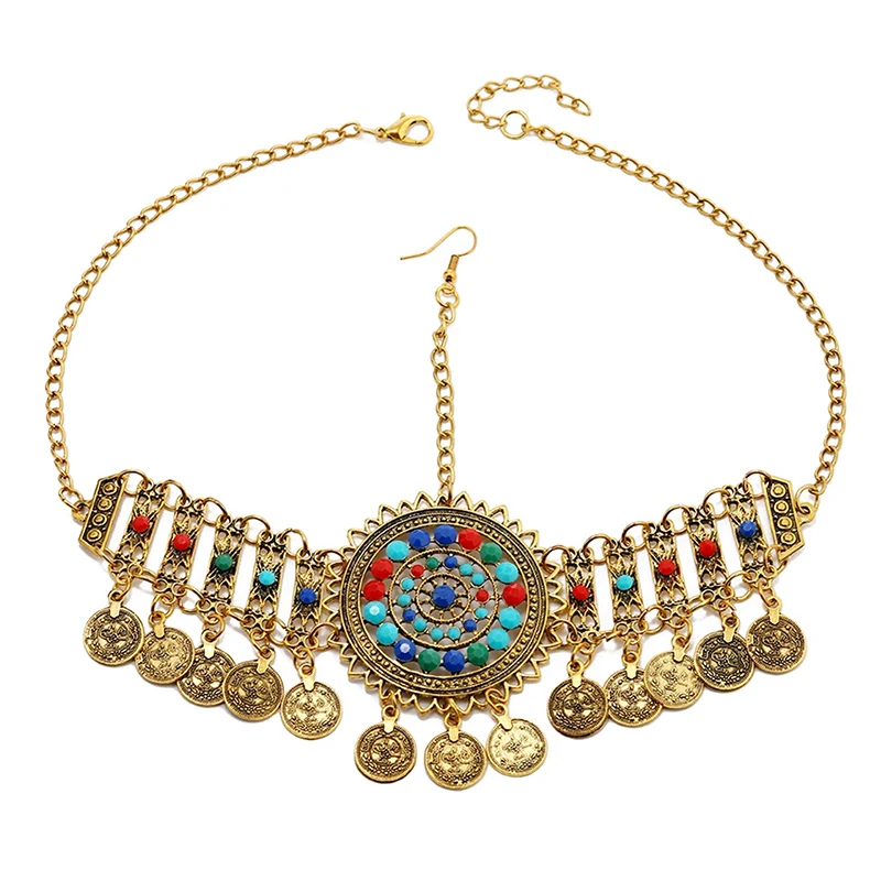 سلسلة رأس هندية للنساء عملات ذهبية اللون عربية شرابة الزفاف حجر الراين غطاء الرأس اكسسوارات الزفاف