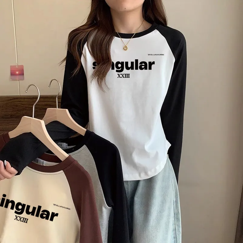 Autumn and Winter Simple Letter English Print Loose Splicing Contrasting Color Retro One-shoulder Long-sleeved T-shirt Women Top