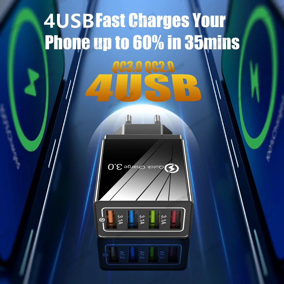 3A Quick Charge 3.0 USB Charger 4 Ports USB Fast Charging Mobile Phone Charger Adapter EU/US Plug For iPhone Samsung Xiaomi POCO, image 4