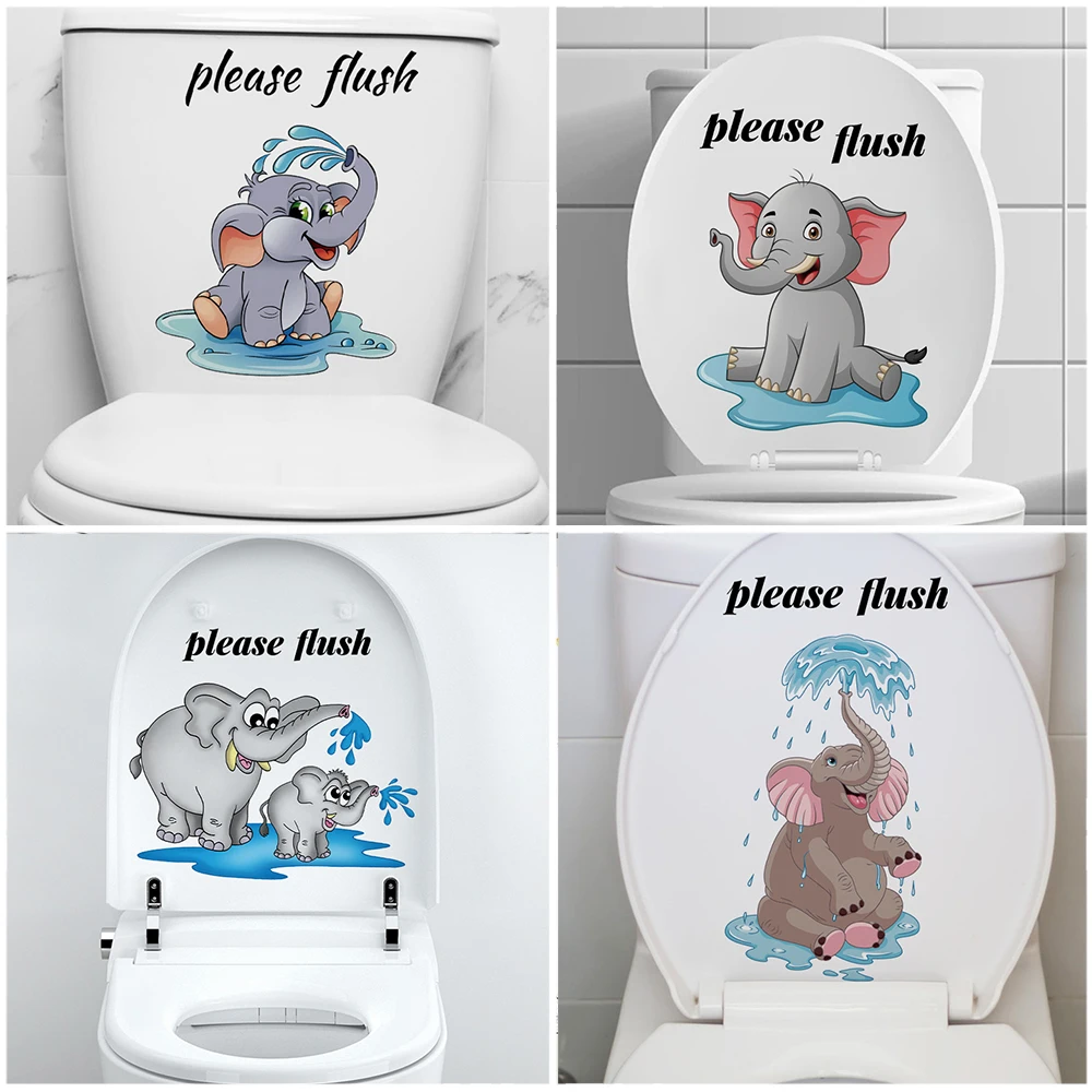 Cute Elephant "Please Flush" Toilet Stickers Home Decoration Diy Wc Washroom Pvc Posters Cartoon Animals Wall Art Kids Decals