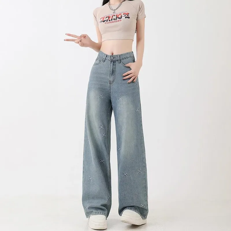 Luz azul bordado denim orts feminino verão fino solto emagrecimento gelo seda perna larga calças compridas cintura alta