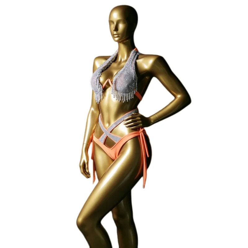 Women Silver Rhinestones Tassel Bikini Dancer Groups Pole Dancing Performance Costume Set Nightclub Bar DJ Singer Stage Wear