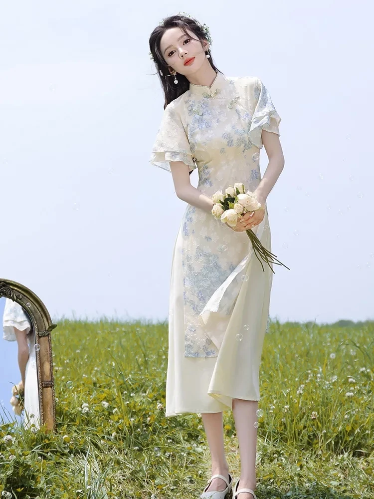 أنيقة الرجعية سيدة شابة جميلة تشيباو فستان ريترو Hanfu الشاي الفن فستان الحفلات التقليدية فيتنام آو داي المرأة الدانتيل Aodai فستان