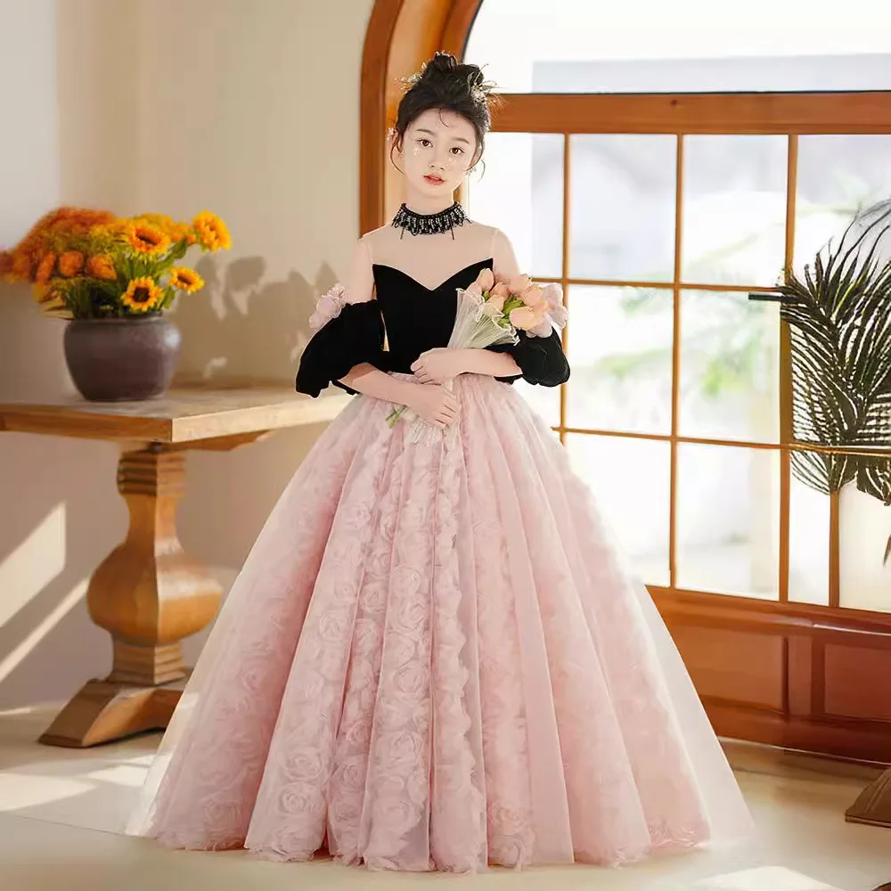 Kid's Black PinK Floor-Length Rosette Tulle Flower Girl Dress Birthday Party A-line Pageant Perform Princess Gown for 1-14 Girls