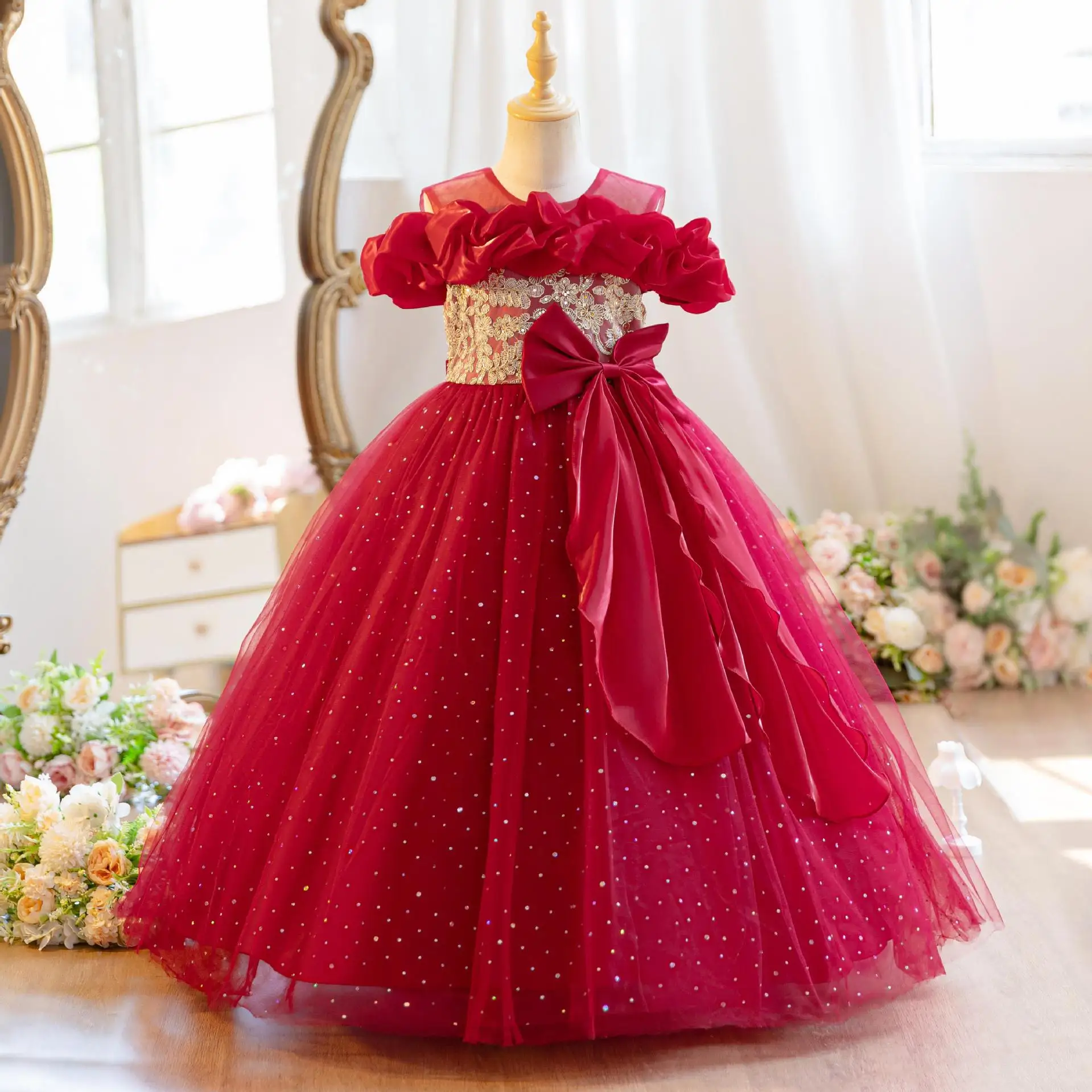 

Embroidery Dots shoul Long Bridesmaid Dress Elegant Flower Girl Wedding Dress Kids Party Birthday Ball Gown First Kids Communio